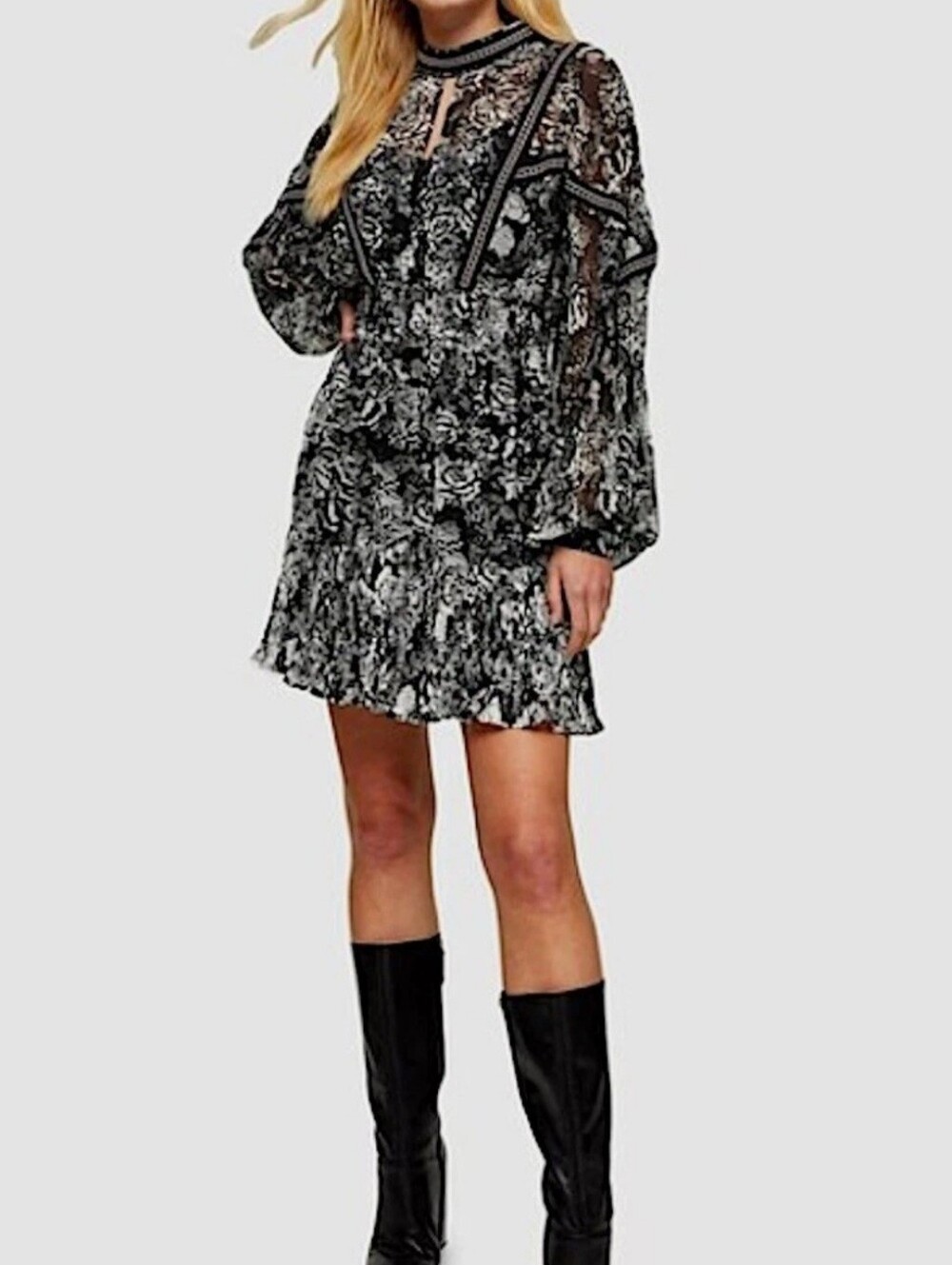 Topshop Black Floral Lace Mini Dress with Sheer Long Sleeves